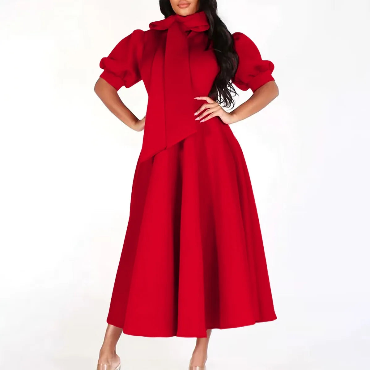 Elegant Birthday Party Dresses for Women Bow Collar Short Sleeve High Waisted Pleated Mid Calf Luxury Dinner Celebrate Occasion