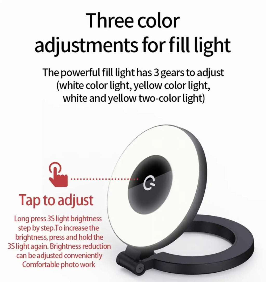 Portable 2500K-9000K Phone Fill Light with 3 Modes & Built-In Mirror