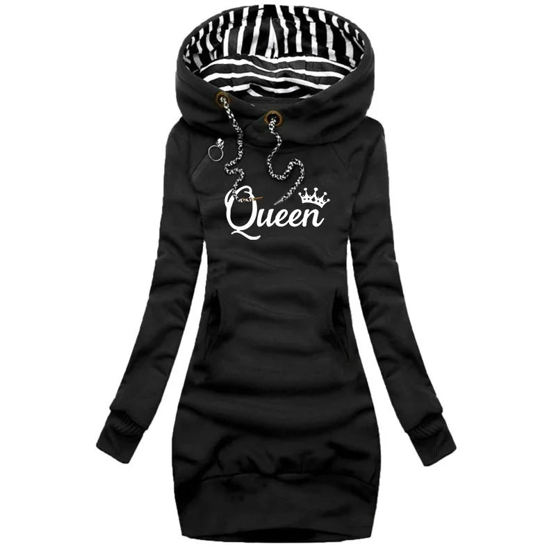 Trending Queen Printed Autumn and Winter Women Fashion Long Hoodie Slim Fit Hoodie Dress Women Long Sleeve Sweater Dress