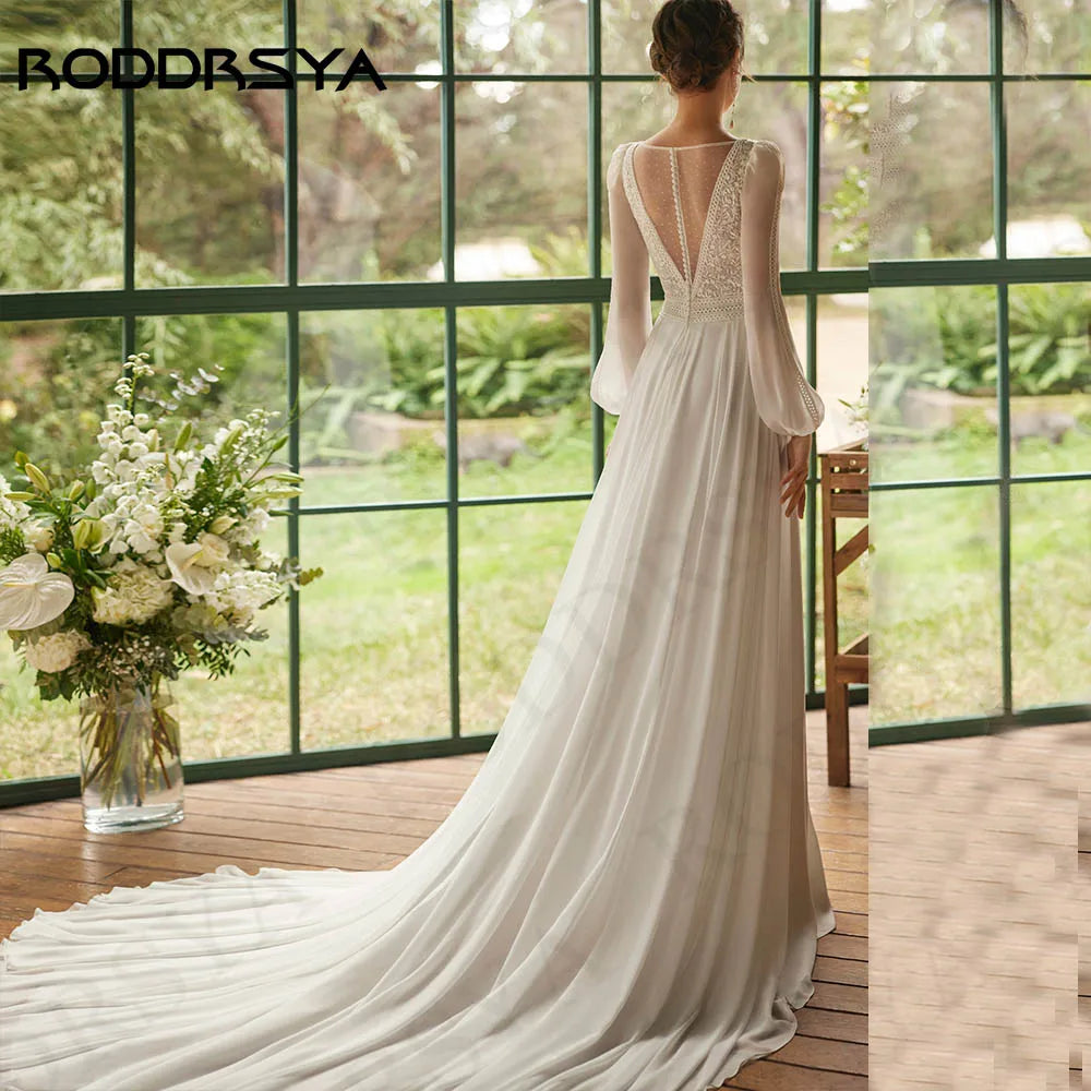 RODDRSYA Bohemian Wedding Dress Women Vestidos Novias Boda Chiffon Long Sleeves Lace Bride Dresses