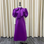 Elegant Birthday Party Dresses for Women Bow Collar Short Sleeve High Waisted Pleated Mid Calf Luxury Dinner Celebrate Occasion