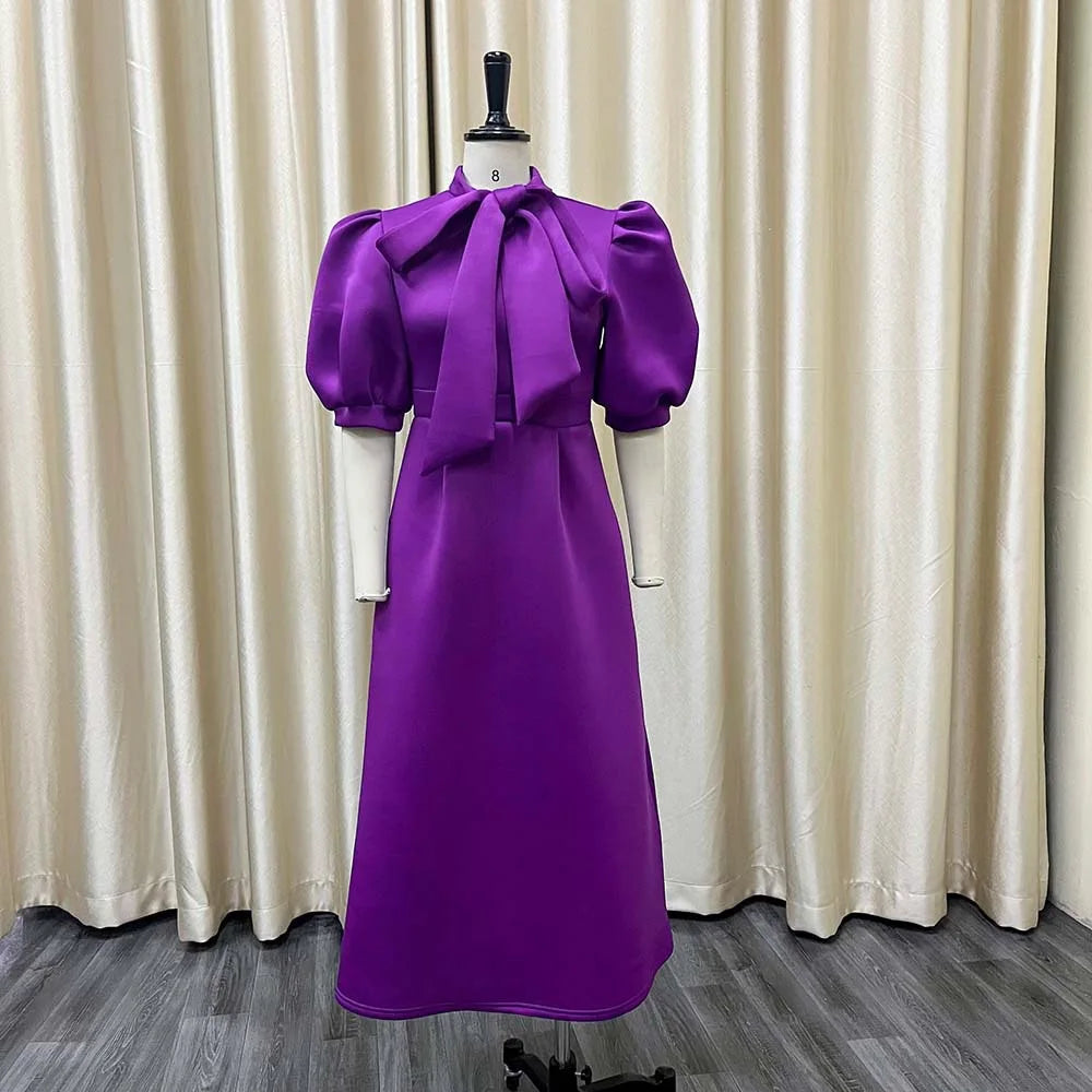 Elegant Birthday Party Dresses for Women Bow Collar Short Sleeve High Waisted Pleated Mid Calf Luxury Dinner Celebrate Occasion