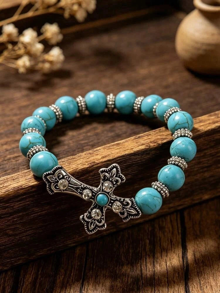 Vintage Western Style Cross & Turquoise Bracelet, Bohemian Elastic Wristband