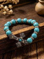 Vintage Western Style Cross & Turquoise Bracelet, Bohemian Elastic Wristband
