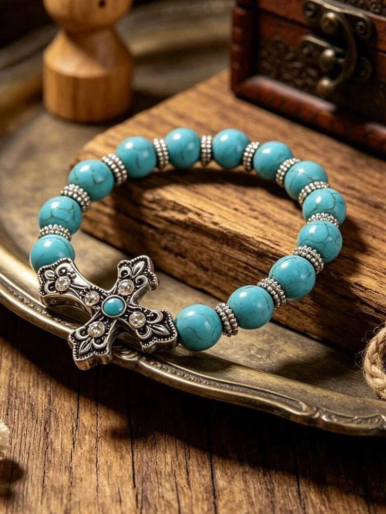 Vintage Western Style Cross & Turquoise Bracelet, Bohemian Elastic Wristband