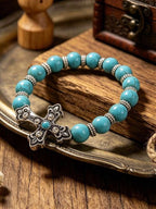 Vintage Western Style Cross & Turquoise Bracelet, Bohemian Elastic Wristband