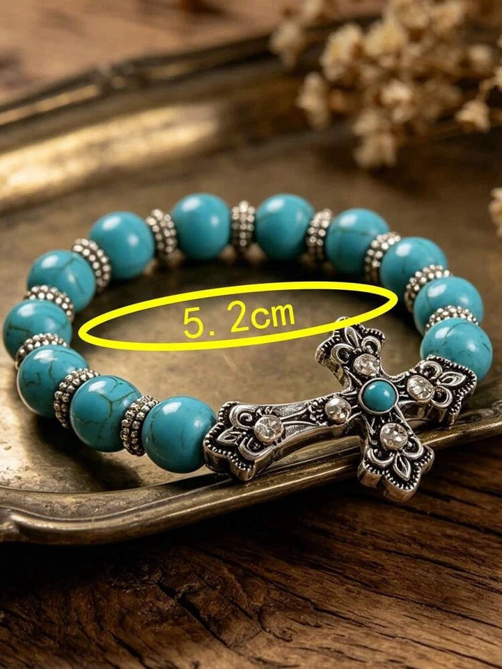 Vintage Western Style Cross & Turquoise Bracelet, Bohemian Elastic Wristband